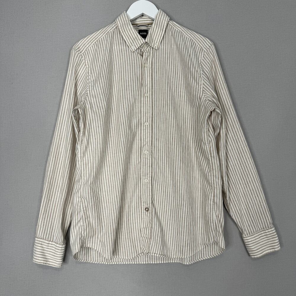 BOSS Shirt Mens Large White Striped Slim Fit Linen Blend Button Up Prep Nautical